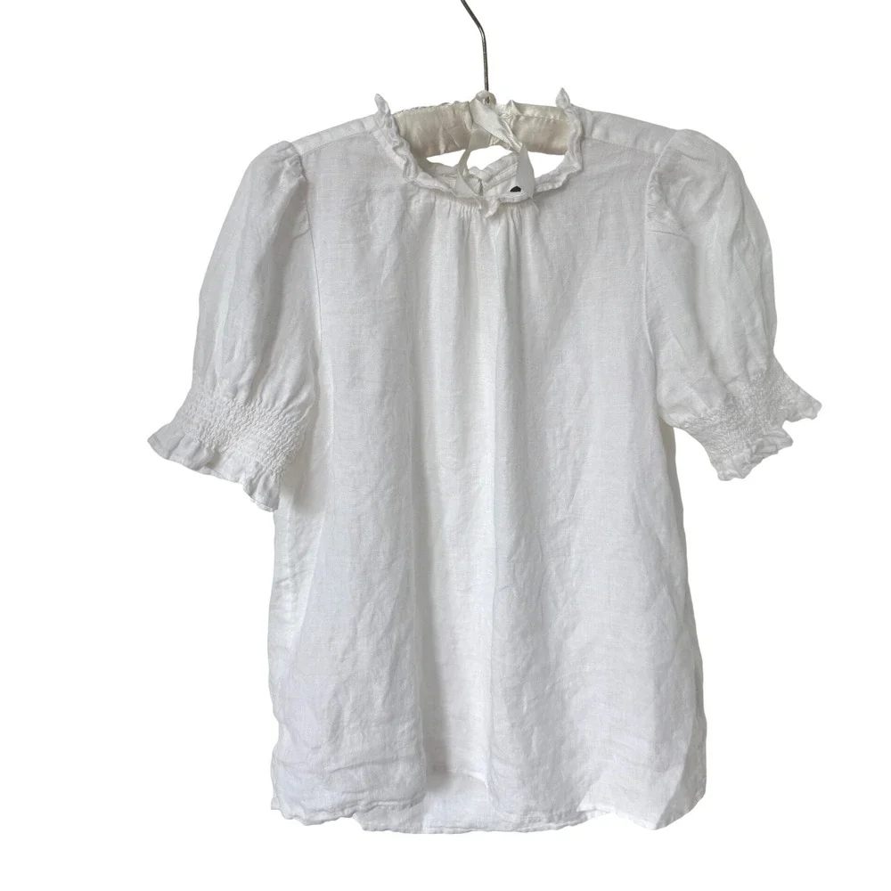 J CREW smocked linen puff sleeve top size small white